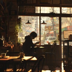 Fototapeta na wymiar Visualize a morning scene where a person is having breakfast alone in a cafe, reading the news or scrolling through social media on their smartphone, enjoying peace and coffee. Job ID: 92f7d2b8-87f2