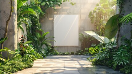 An urban oasis: A blank mockup adorns the mini-mall wall, surrounded by lush greenery, advocating for environmental preservation.