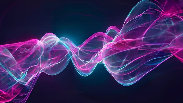 Vibrant neon colors of pink, blue, and turquoise light waves dynamically intertwine and flow, intersecting in a fluid motion. The abstract lines trace light paths, evoking a mysterious atmosphere. 