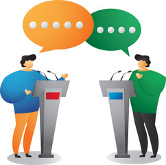 man on Debate, presenting, giving a speech at the podium with two microphones on conference concept background