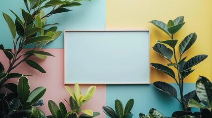 Fototapeta na wymiar Green living, bright future: Picture a blank mockup set against a backdrop of vibrant pastel colors, symbolizing hope for a sustainable tomorrow.