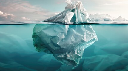 Iceberg plastic bag with view under water representing water pollution and damage caused by plastic