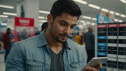 Fototapeta premium Handsome Young Man Shopping for a Tablet in a Home Electronics Store, Multiethnic Customer Comparing Computer Features, Sale Prices, and Screen Quality in Department Showroom