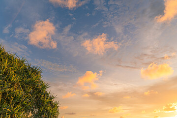 scene romantic sunset at Karon beach. abstract nature background..Sunset with bright color light rays and other atmospheric effects..Gradient color.cloudscape background in Phuket Thailand.