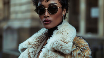 In a bustling city street a modernday fashion icon struts confidently in bold oversized sunglasses a luxurious fur coat and a sleek tailored suit. With a commanding presence and daring . - obrazy, fototapety, plakaty