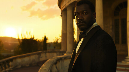 A proud and powerful black man stands a the grandeur of the Italian villa his strong jawline and piercing eyes drawing all attention to him. As the sun sets behind him the dramatic .