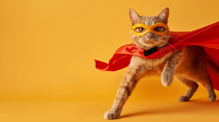 Superhero cat with a red cape and yellow mask on an orange background, embodying courage and whimsy. - obrazy, fototapety, plakaty