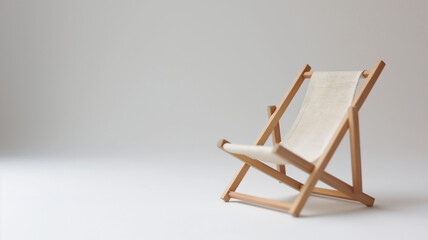 Miniature wooden deck chair on a plain background, suggesting simplicity and relaxation. - obrazy, fototapety, plakaty