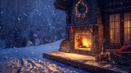The warmth of a cozy fireplace in a cabin during a snowy evening - obrazy, fototapety, plakaty
