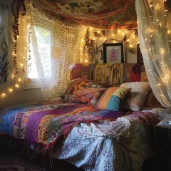 Poster A bohemian-inspired bed with colorful patchwork quilts and a canopy of string lights © AI Farm
