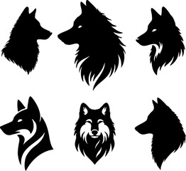 Set tête de loup en silhouette ou flat design logo, isolé, a ajuster, fond transparent