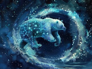 A mythic bear with constellation patterns on its fur leaping through a portal of stars