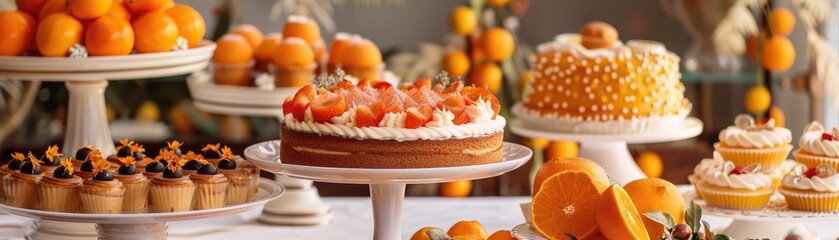 An orange-themed dessert spread with cakes
