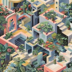 An isometric view of a geometric garden with plants and flowers abstracted into simple shapes