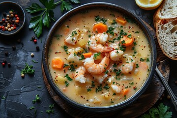 A cream based seafood soup with vegetables.  - obrazy, fototapety, plakaty