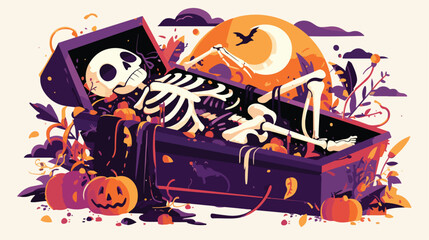 Halloween skeleton wake up in coffin 2d flat cartoo