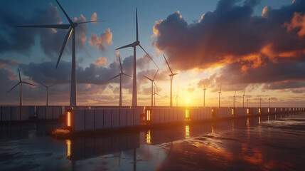modern battery energy storage system with wind turbines and solar panel power plants in background at sunset.