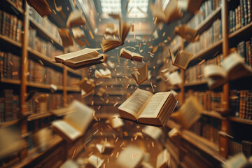 A library with books flying through the air. Concept of chaos and disarray, as the books are scattered in various directions. Scene is one of disorder and confusion - obrazy, fototapety, plakaty