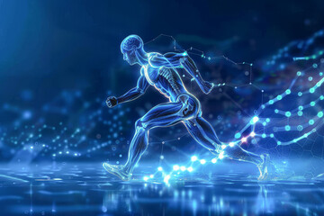 A man is running in a blue and white background with a lot of dots. The image is of a man running in a pool of water - obrazy, fototapety, plakaty