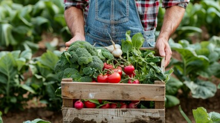A man carrying a wooden crate overflowing with fresh vegetables