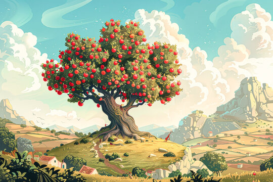 A tree with many apples on it is the main focus of the image. The tree is surrounded by a field and mountains in the background. Scene is peaceful and serene, with the tree providing a sense of calm