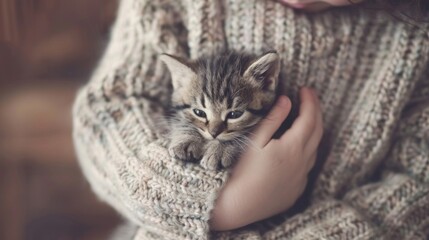 A little girl is gently cradling a small kitten in her arms