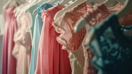 Close up of womens dresses neatly hanging on a rack in a clothing store