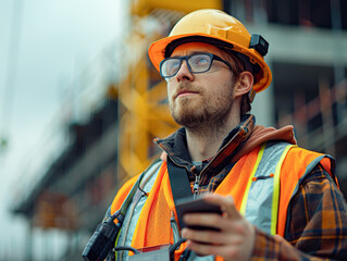 A man in a yellow hard hat and orange vest holding a cell phone