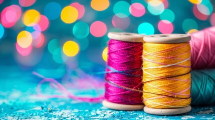 Two spools of colorful thread are positioned next to each other