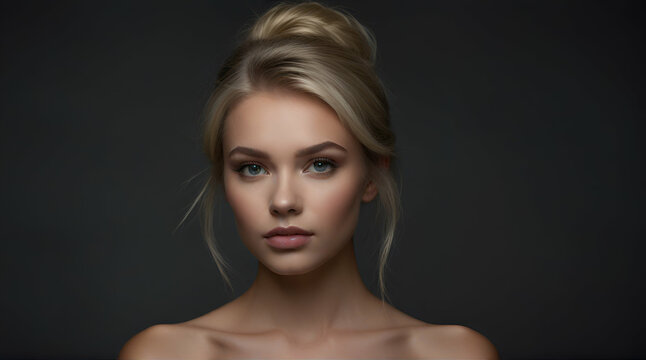 Beautiful blond young woman with natural makup and stylish hairdo. Beauty shot over dark grey background.generative.ai