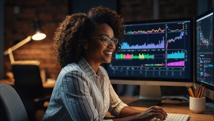 Portrait of a Happy Successful Black Businesswoman Using Desktop Computer in Creative Agency in the Evening, African American Female Smiling While Checking Data and Statistic Charts