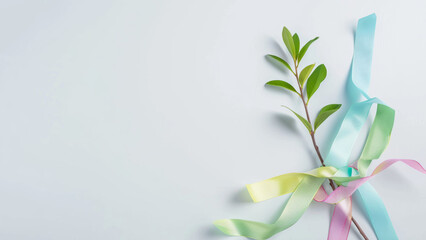 Green plant twig with pastel ribbons on white background
