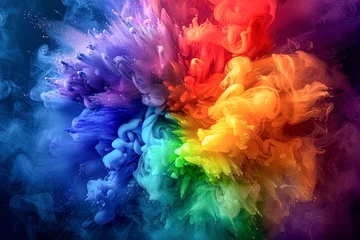 Fotobehang A colorful explosion of smoke and fire with a rainbow of colors. The smoke is thick and dense, creating a sense of chaos and confusion. The colors are vibrant and intense © Kowit