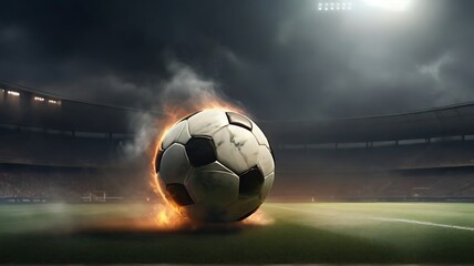 Football lies in the smoke on stadium grass Ball