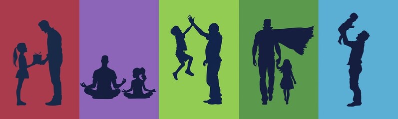 Collage of different silhouette of a father playing with child over colorful background tiles. Father's Day conceptual banner
