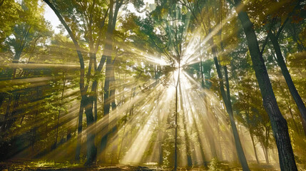 Sunbeams of summer coming in wild forest