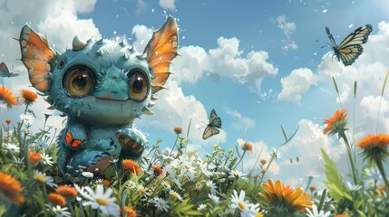 Obraz na płótnie Canvas Cute Monster's Playful Chase: A Summer Day Among Wildflowers