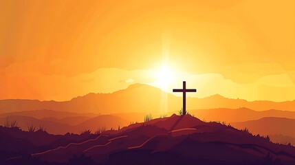 Jesus Christ cross on a hill. 2D flat vector illustration