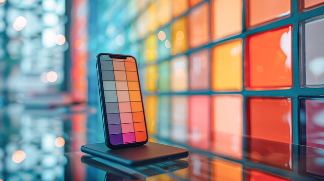 A phone is sitting on a stand in front of a colorful wall. The phone is displaying a rainbow of colors