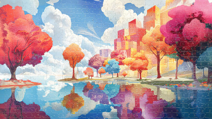 A colorful cityscape with a river and trees. The trees are in various colors, including red, yellow, and green. The sky is cloudy, and the water is calm. The painting has a dreamy, peaceful