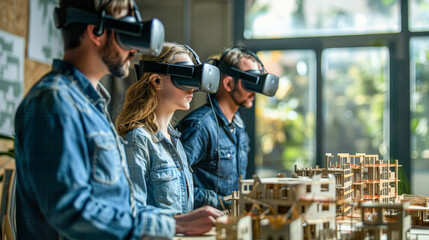 Fototapeta na wymiar Three people wearing virtual reality goggles are working on a model of a building. Scene is focused and serious, as the people are intently working on their project