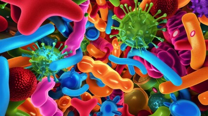 3D Colored Microflora: Abstract background with bright and saturated colors, representing different types of bacteria in the body mixing and interacting with each other. ::3 --ar 16:9 --quality 0.5 -