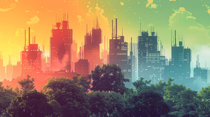 A cityscape with a lot of buildings and trees. The sky is colorful and the city looks like it's in the middle of a storm
