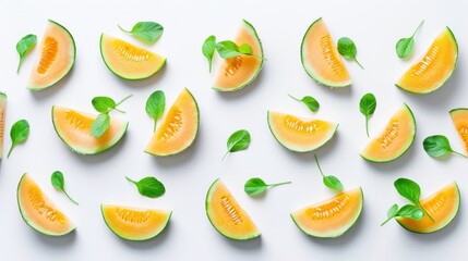 Slices of fresh cantaloupe melon arranged on clean white background with scattered green leaves, presenting vibrant pattern. Freshness and organic food.