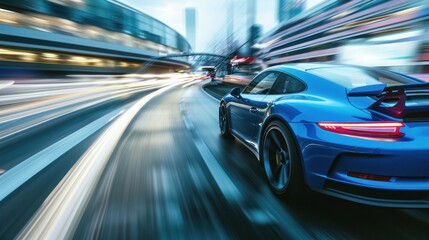 Fototapeta na wymiar High-speed sports car racing down urban highway with motion blur effect, showcasing dynamic movement and automotive performance. Modern transport and lifestyle.