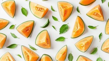 Fresh cantaloupe melon slices arranged with mint leaves on white background presenting vibrant...