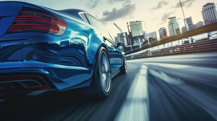 Luxury sports car speeding on highway with dynamic motion blur effect, modern city skyline in...