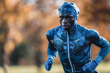 A man in a blue outfit is running in a park