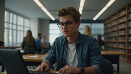 Portrait of a Handsome Student Creating a Business Research Presentation on a Desktop Computer, Young Stylish Male Studying in an University Library with Other People in the Background
