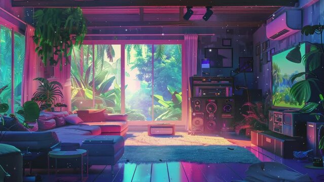 Colorful Lofi Empty Interior: Anime Manga Style with Jungle View, Cozy Chill Vibes, and Hip-Hop Atmospheric Lights - 4k Wallpaper. Lofi